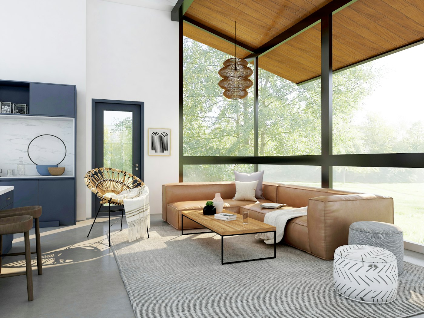 Bright interior with timber walls and soft seating